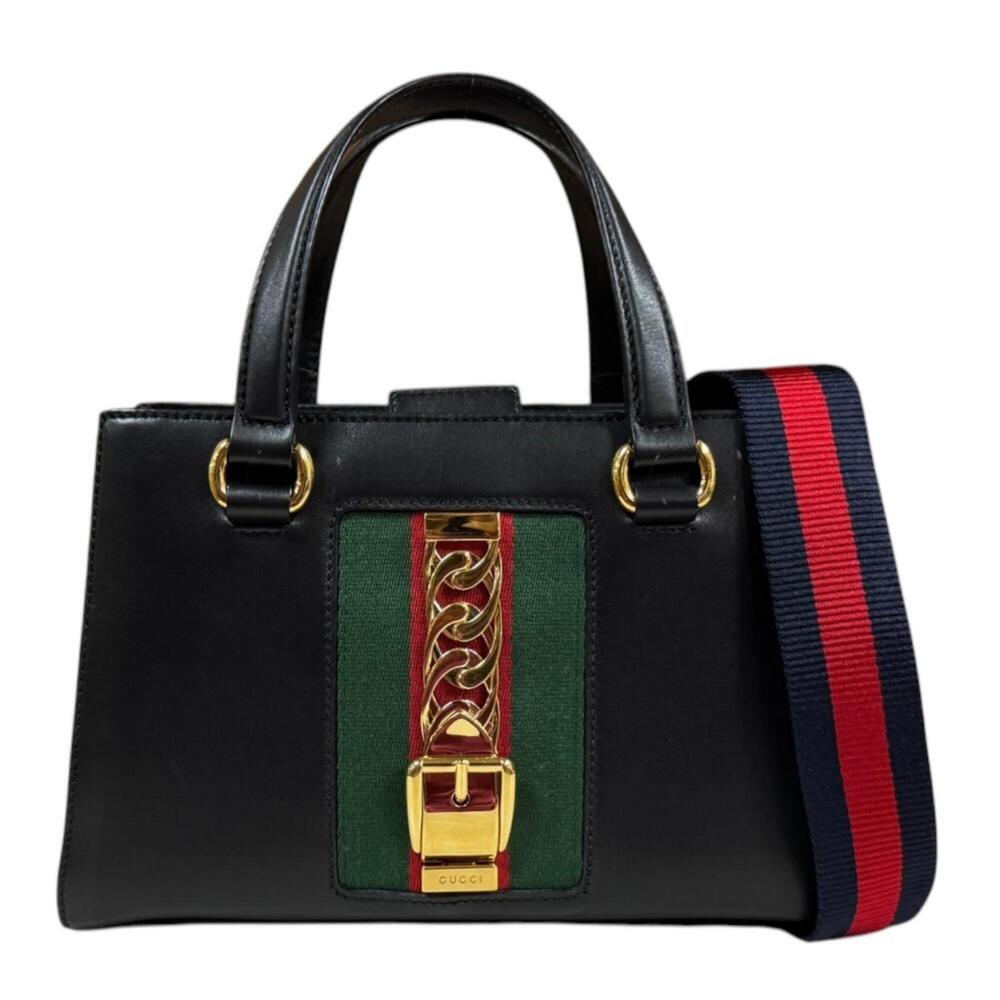Gucci Small Top Handle Bag Sylvie Shoulder Handbag Leather 460381 Black Women...